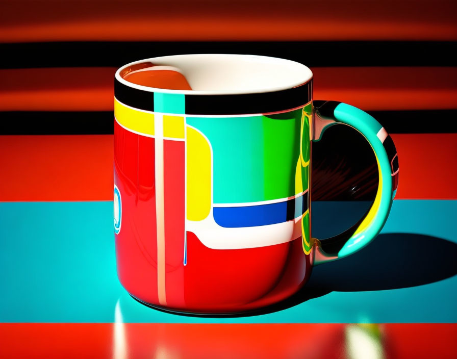 Colorful Abstract Design Mug on Reflective Surface with Red and Blue Stripes on Orange Background