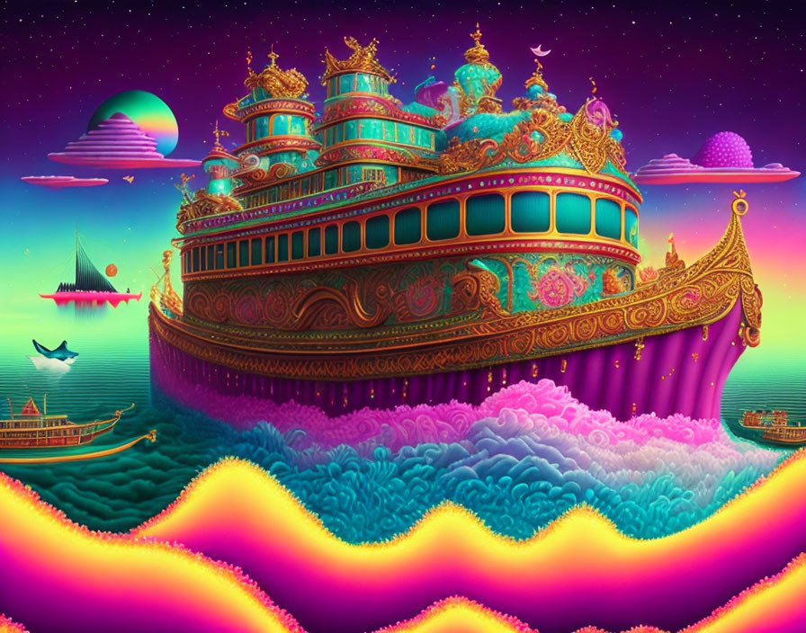 Surreal image: Ornate ship on colorful clouds with planets