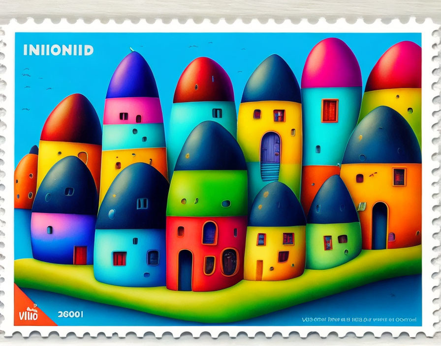 Whimsical Cartoonish Buildings on Postage Stamp Background