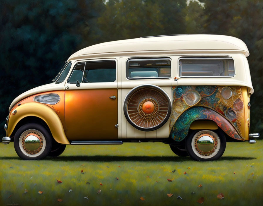 Vintage van with two-tone paint job and colorful abstract design against lush greenery.