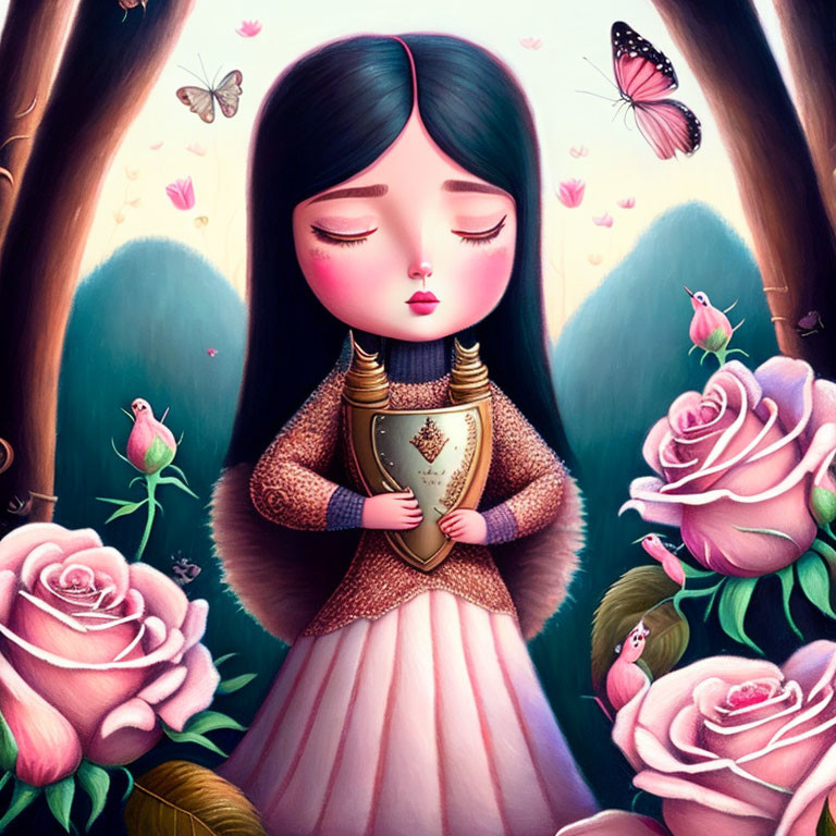 Girl with Closed Eyes Holding Book Surrounded by Pink Roses and Butterflies