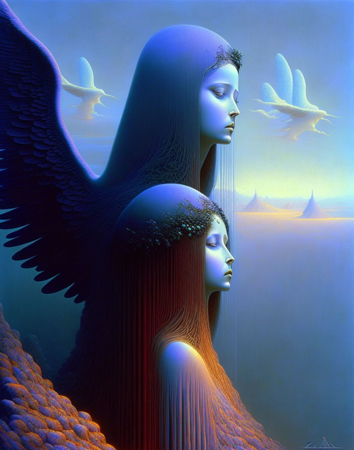 Serene angelic beings with flowing hair and wings on tranquil blue background