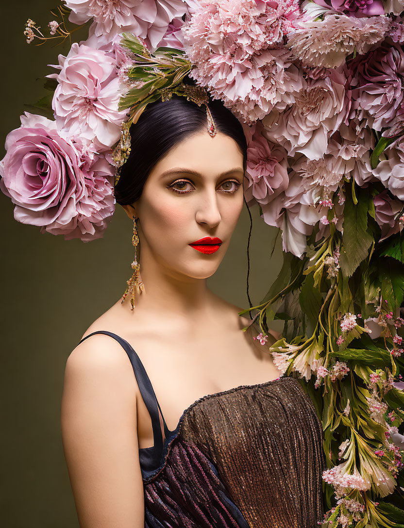 Dark-Haired Woman in Floral Headdress with Red Lipstick and Pink Blossoms