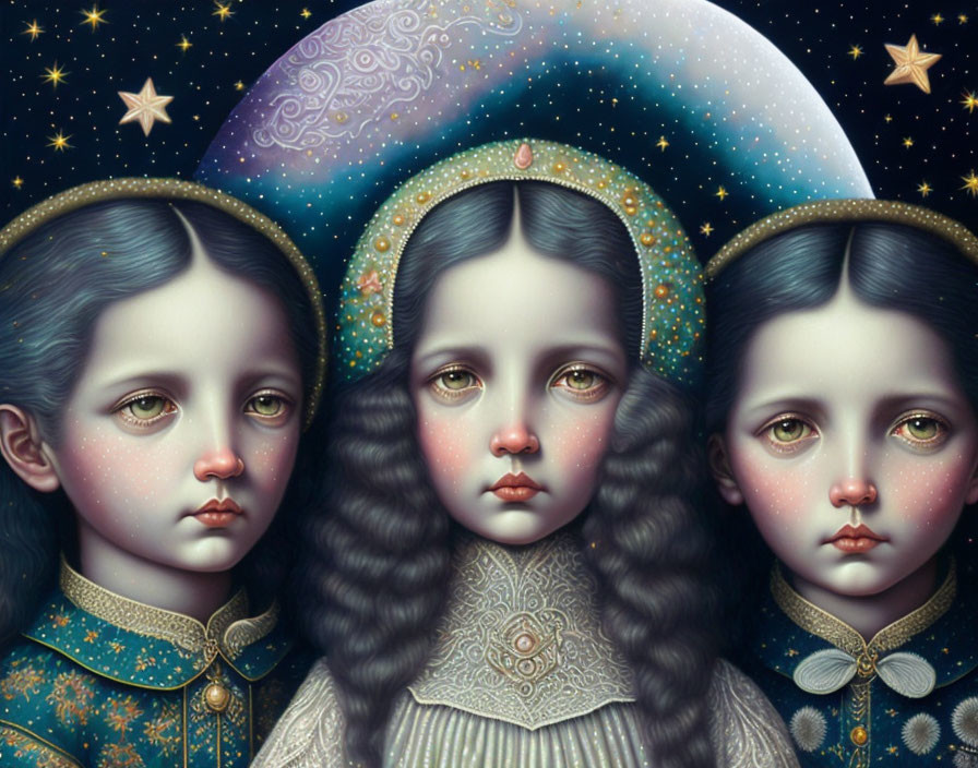 Three children in celestial attire under crescent moon and stars