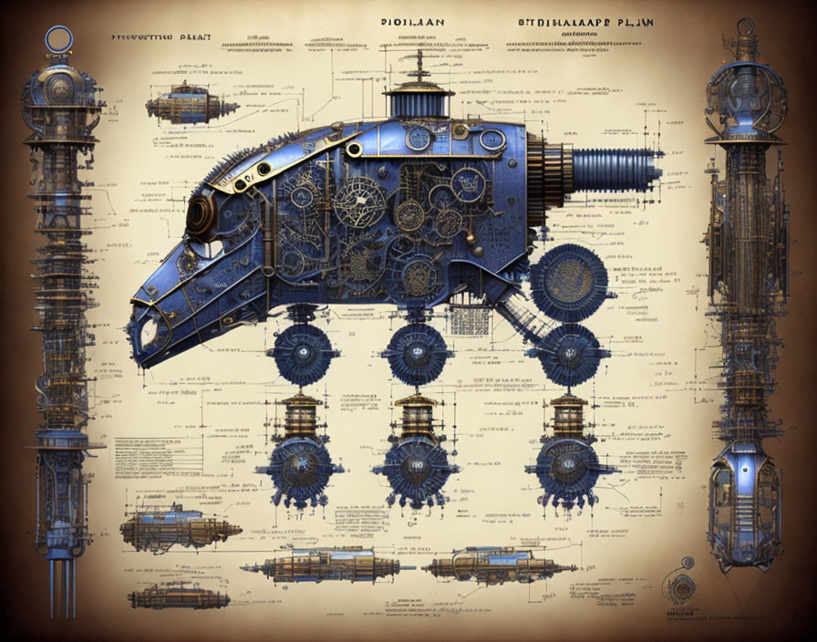 Detailed vintage mechanical whale illustration on blueprint background