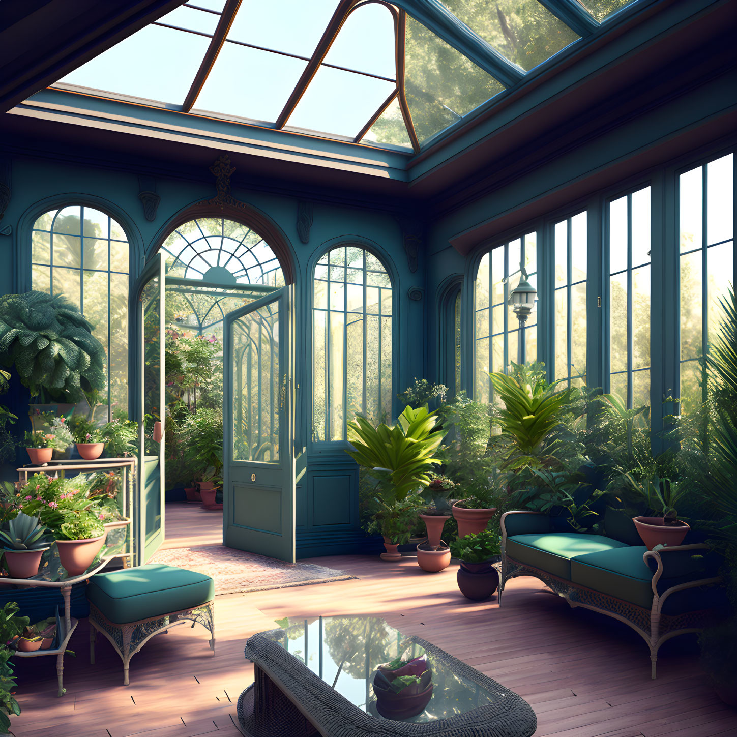 Victorian-style conservatory with lush plants and elegant furniture