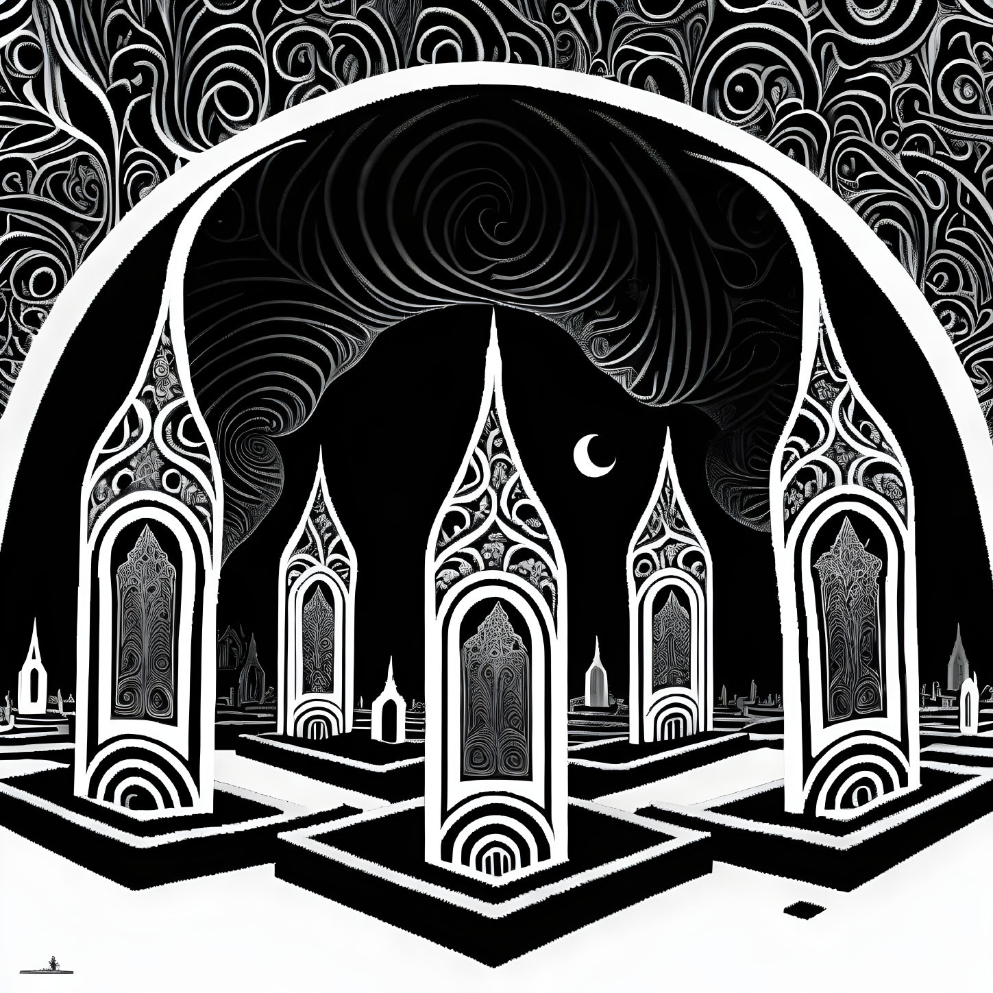 Monochromatic ornate archway with intricate patterns under crescent moon