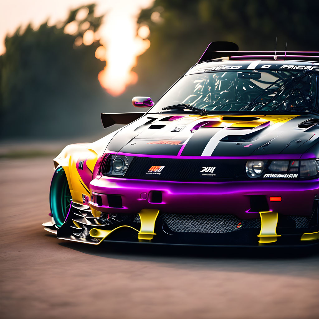 Custom sports car with purple and yellow livery, aftermarket body kit, and large rear wing at sunset