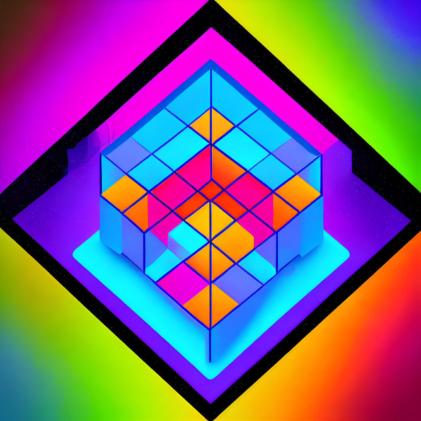 Colorful Neon 3D Cubic Structure on Spectrum Gradient Background