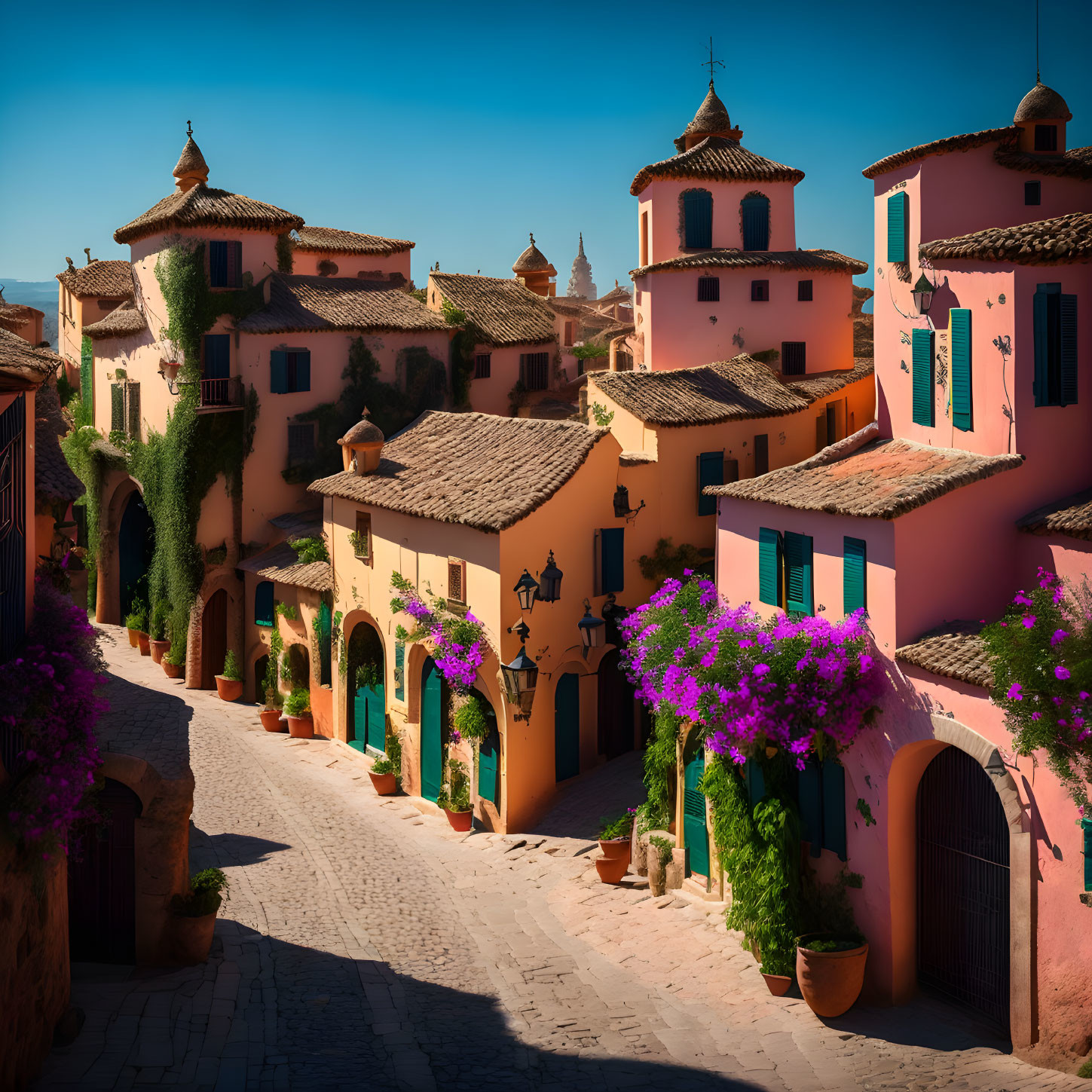 Pastel-Colored Buildings and Bougainvillea-Lined Street