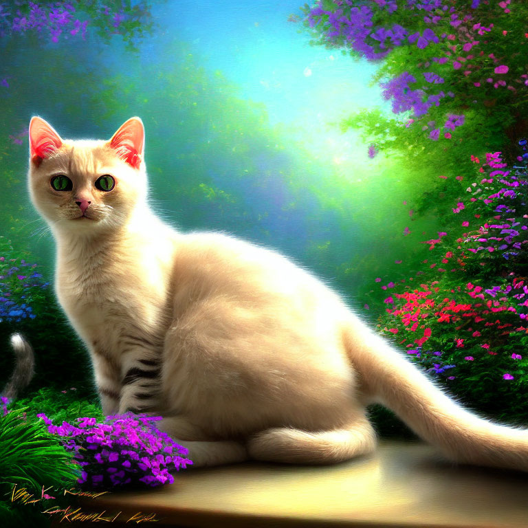 Cream-Colored Cat with Green Eyes in Sunlit Garden Among Vibrant Flowers