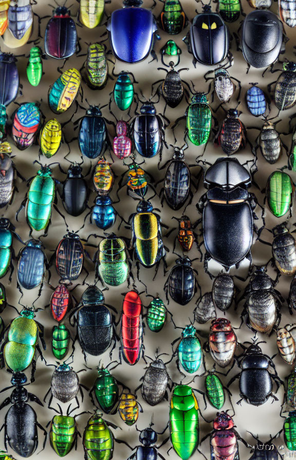 Colorful Beetle Specimens Displayed in Neat Rows