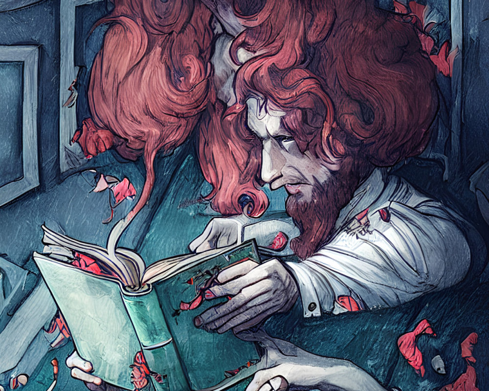 Red-haired characters in blue room with flowers, one standing and one reading.