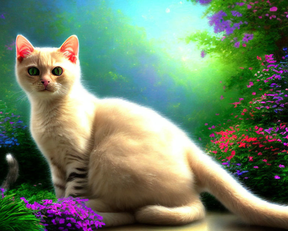 Cream-Colored Cat with Green Eyes in Sunlit Garden Among Vibrant Flowers