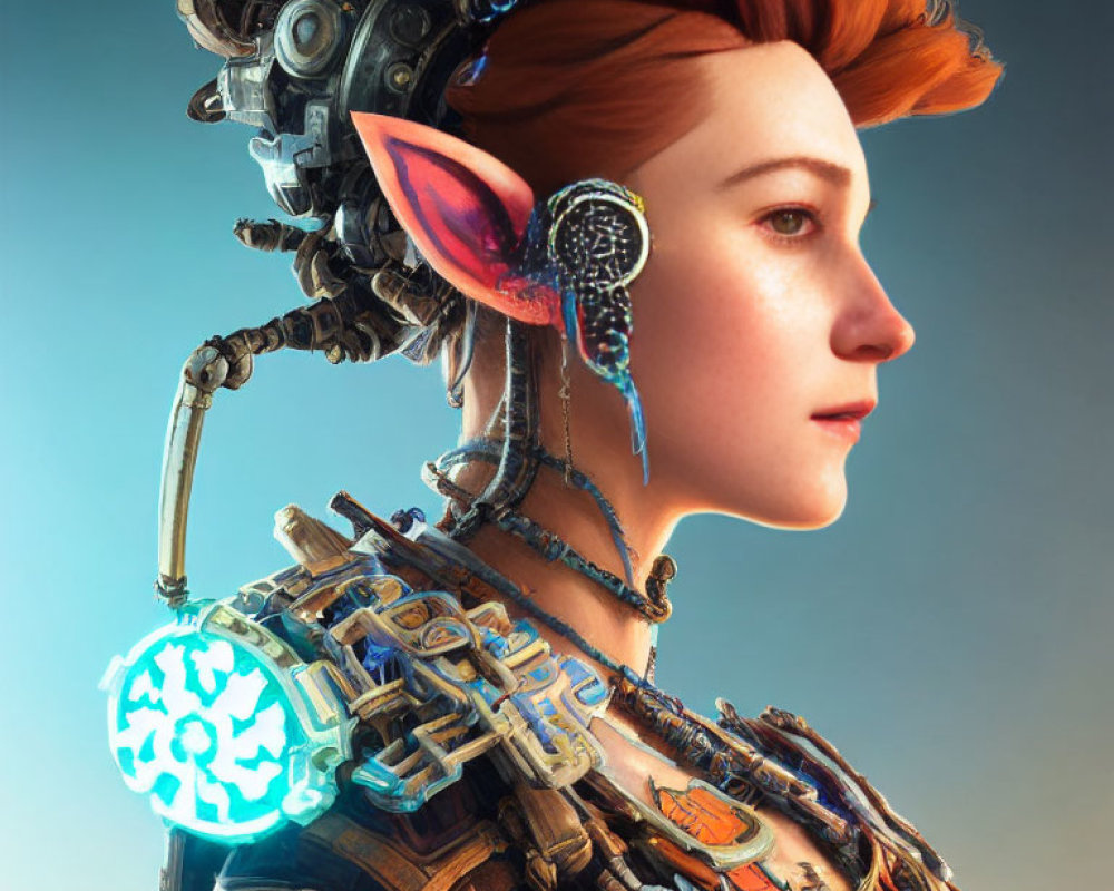 Digital artwork of female character with red hair, futuristic earpiece, and glowing blue mechanical armor.