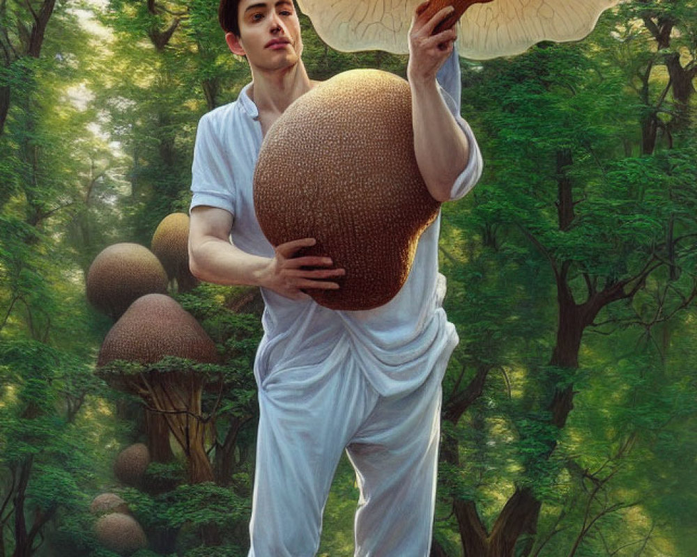 Man in white outfit holding giant mushroom in forest surrounded by large mushrooms