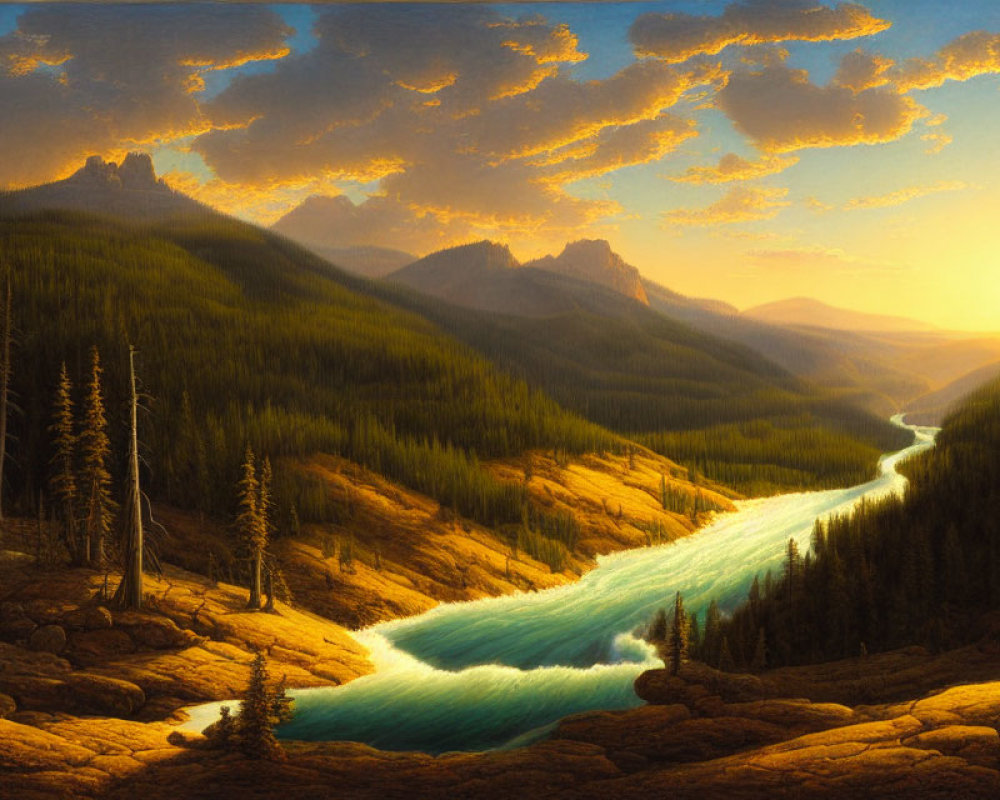 Scenic sunset over mountainous landscape with river and forest valley