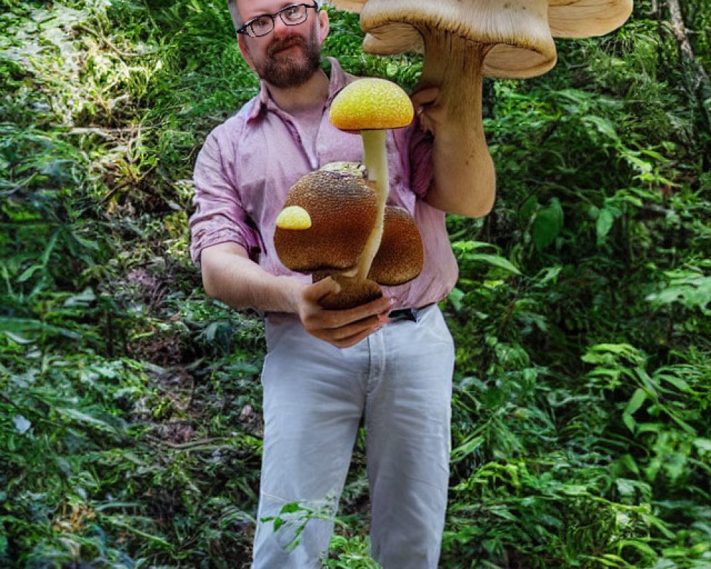 Smiling man with large mushroom in forest setting