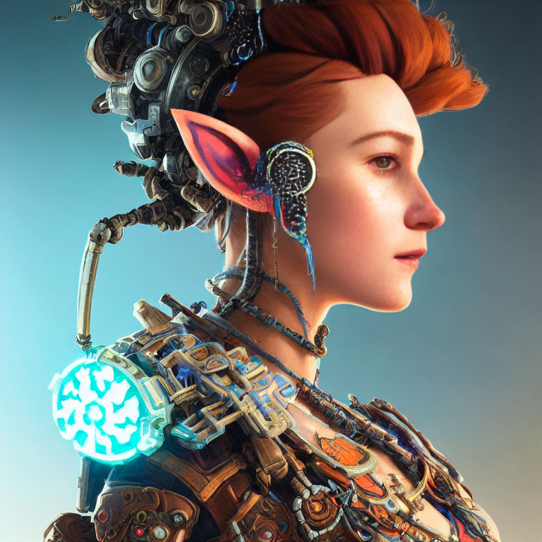 Digital artwork of female character with red hair, futuristic earpiece, and glowing blue mechanical armor.