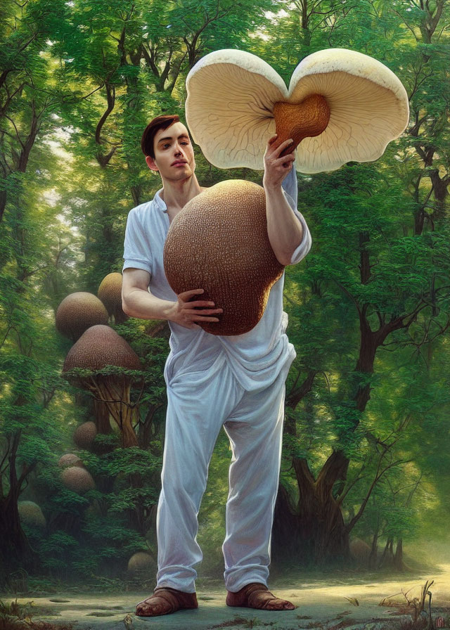 Man in white outfit holding giant mushroom in forest surrounded by large mushrooms