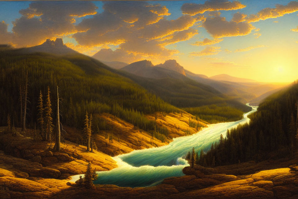 Scenic sunset over mountainous landscape with river and forest valley