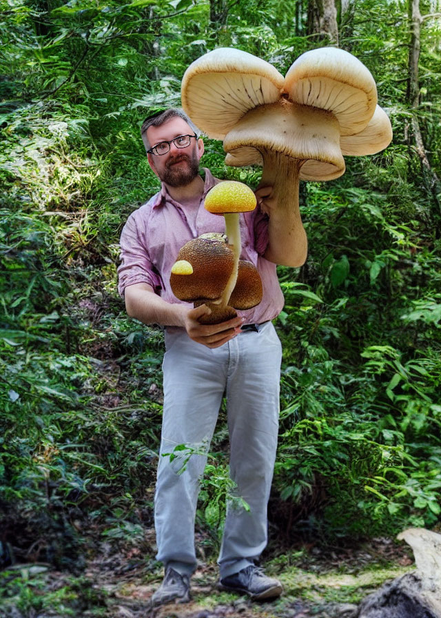 Smiling man with large mushroom in forest setting