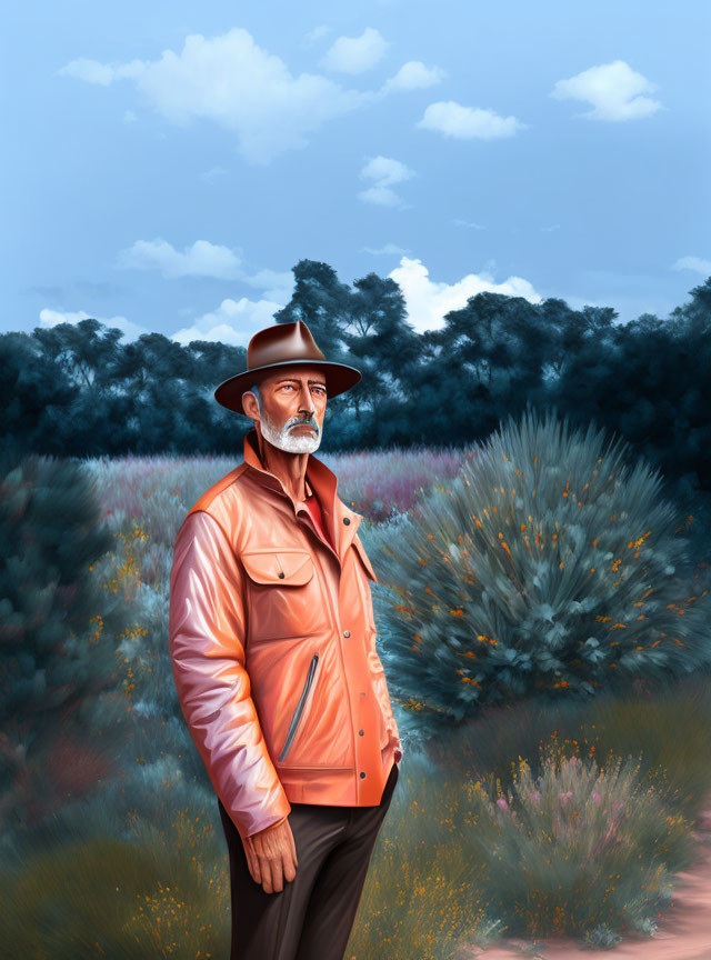 Bearded man in cowboy hat and orange jacket in serene wildflower landscape