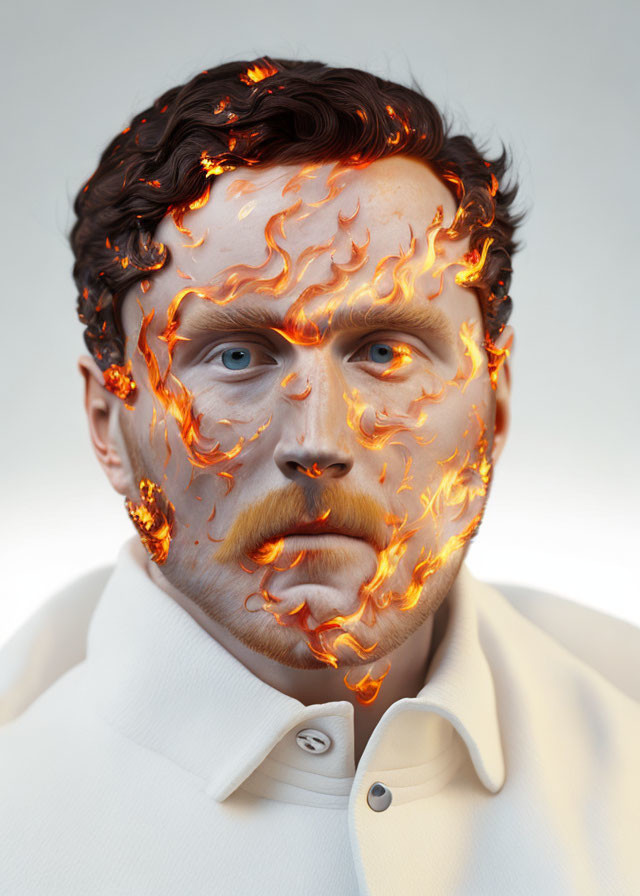 Man with flames in hair and beard digitally manipulated