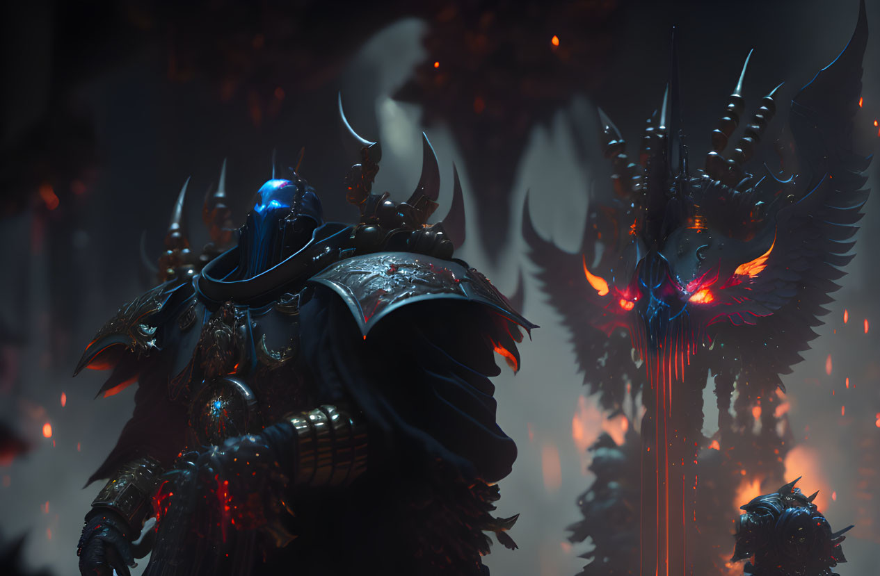 Armored figure and fiery creature in dark, ominous setting