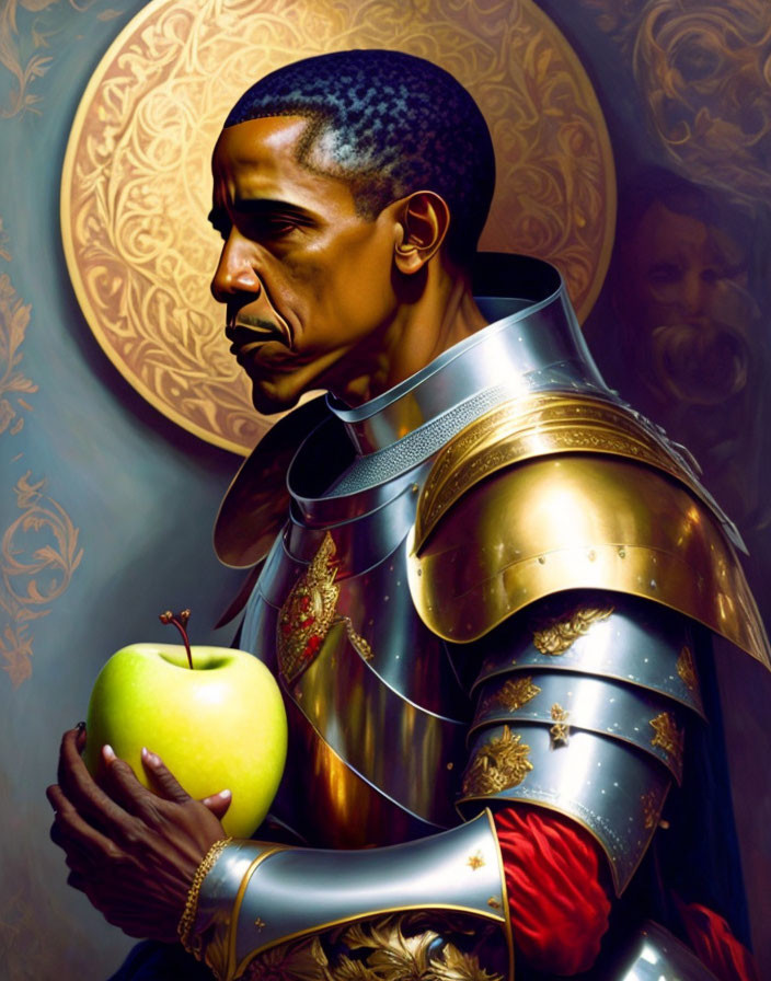 Man in Reflective Plate Armor Holding Green Apple on Golden Ornate Background