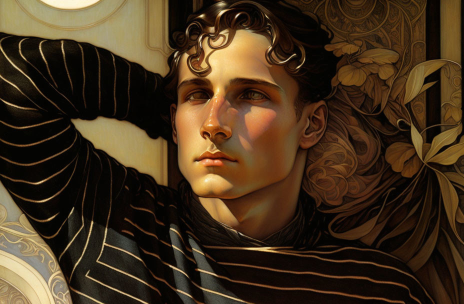 Young man with curly hair in pensive pose, surrounded by golden light and botanical motifs.