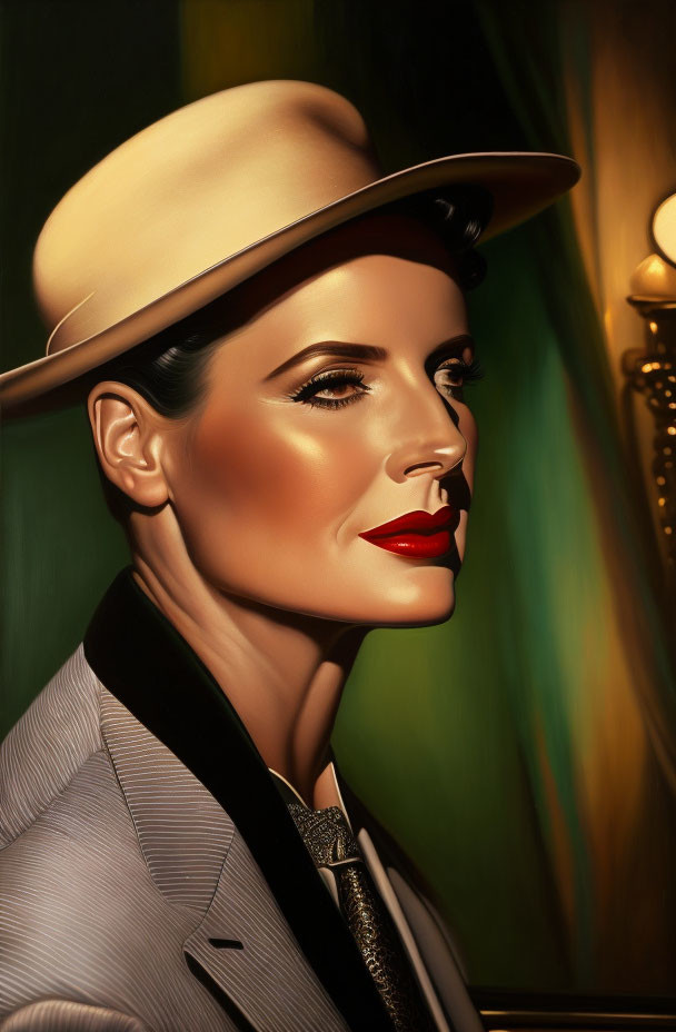 Stylized portrait of woman in gray suit, red lipstick, beige hat on dark green and gold