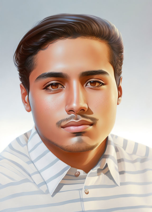 Young man with styled hair and light mustache in white striped shirt portrait.