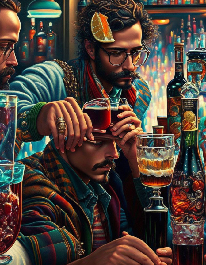 Pensive man with mustache and glasses in colorful bar setting