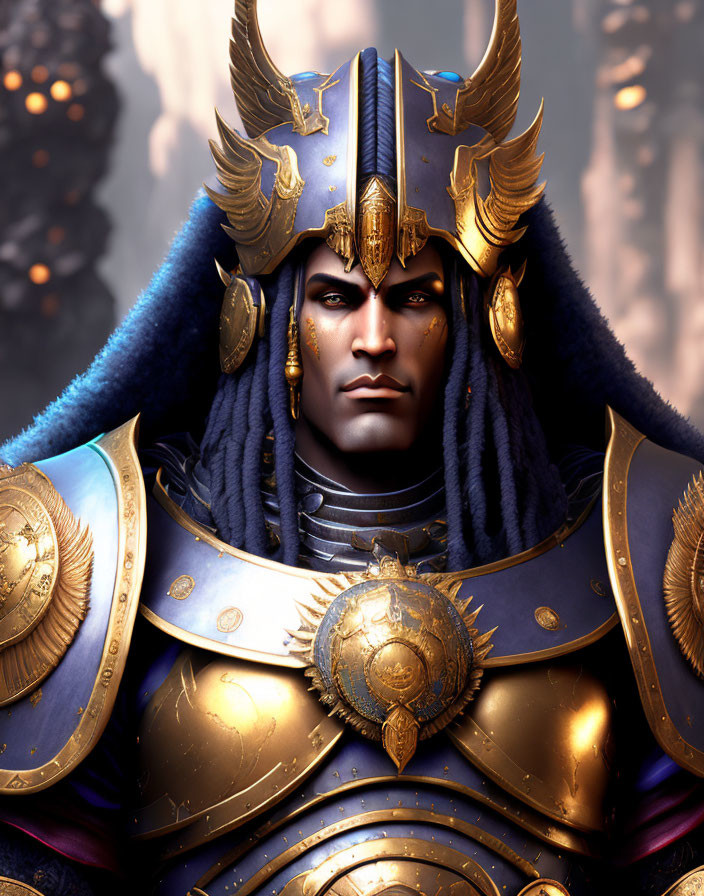 Regal character in golden armor with winged helmet and blue cape