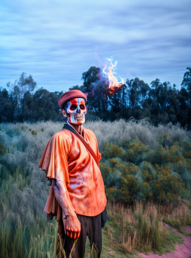 Skull-faced person in red hat with flame in hand at dusk