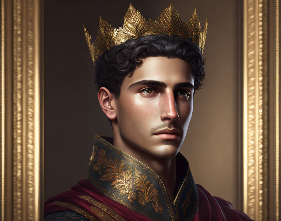 Young Man in Golden Crown and Red Cloak on Dark Background