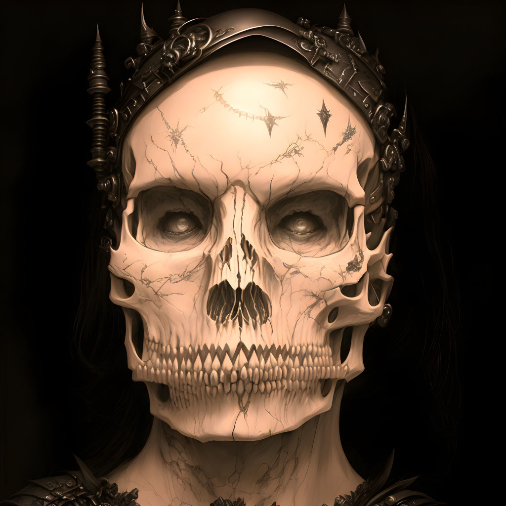 Detailed 3D Skull Illustration with Dark Crown & Eerie Lighting