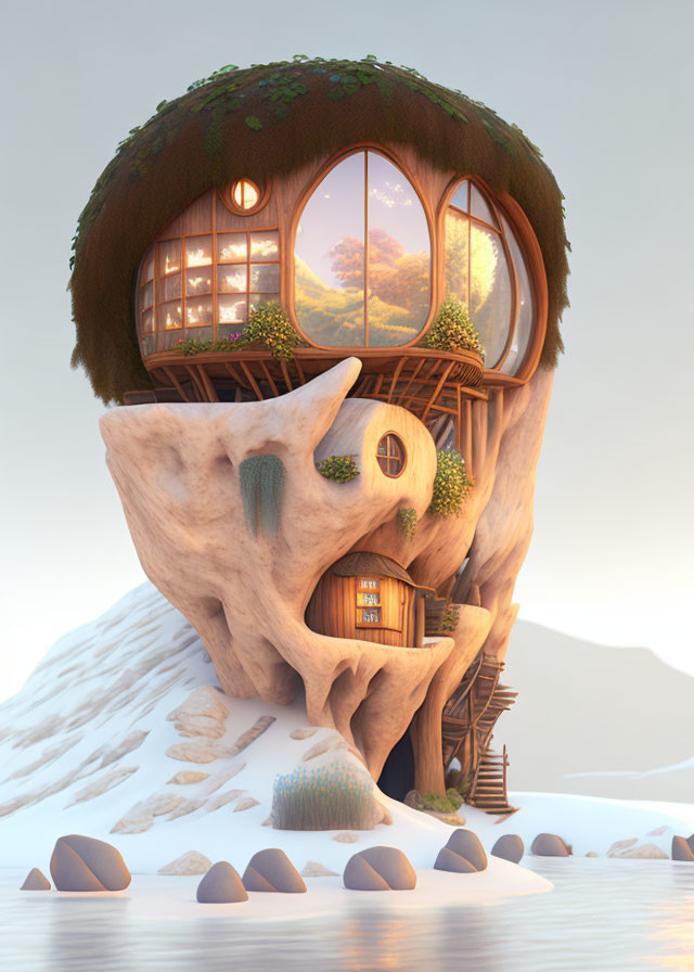 Snowy landscape treehouse with large windows & round roof