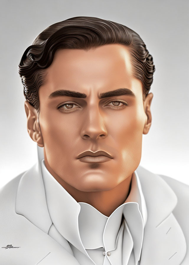 Hyper-realistic digital portrait of man with slicked-back hair and intense gaze in white shirt