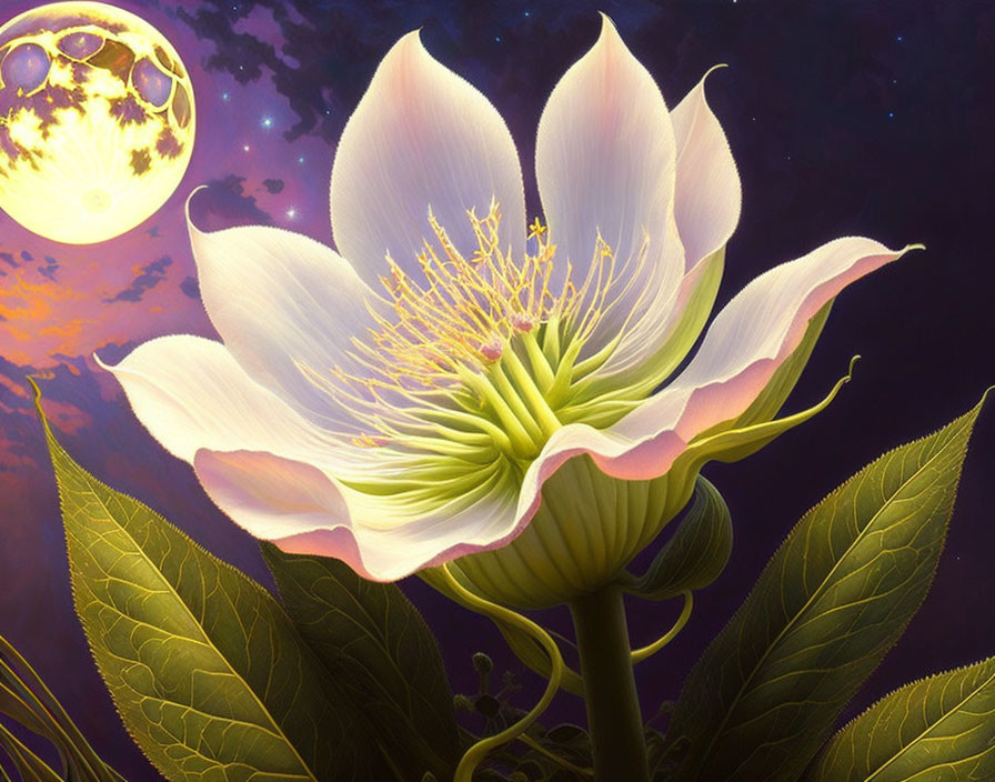 Detailed White Lotus Flower Illustration on Starry Night Sky with Full Moon