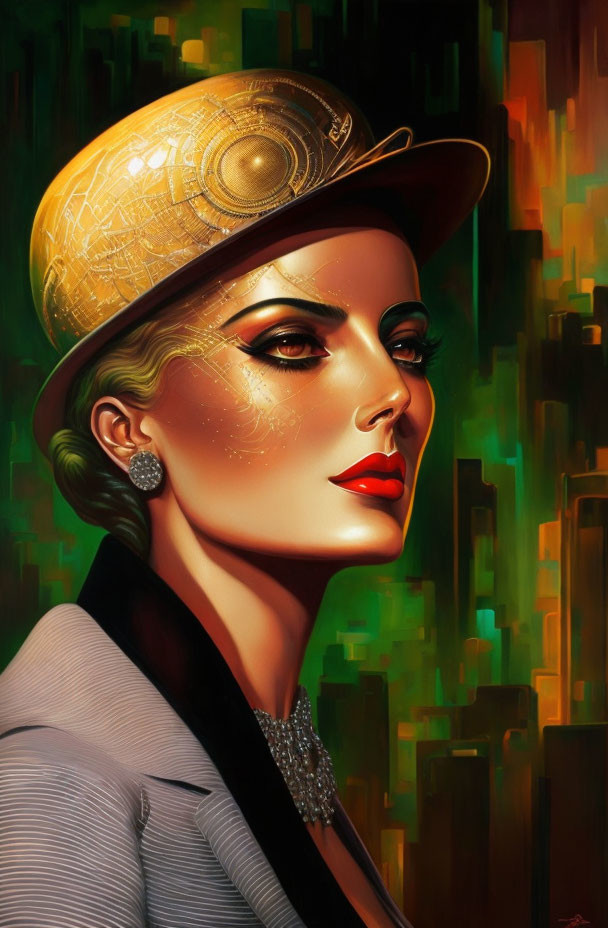 Digital painting: Woman with retro futurist vibes, golden helmet, glamorous makeup