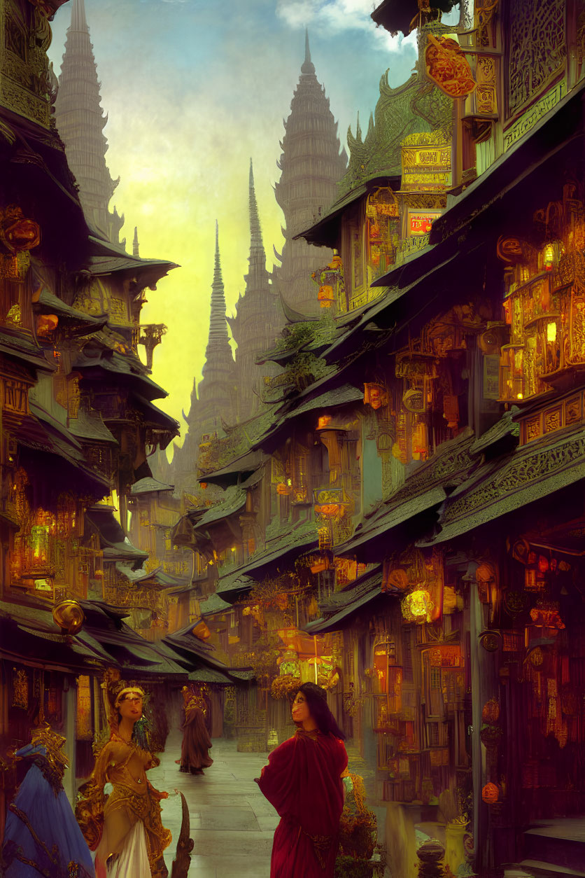 Mystical alley with golden lanterns, elaborate attire, and towering spires