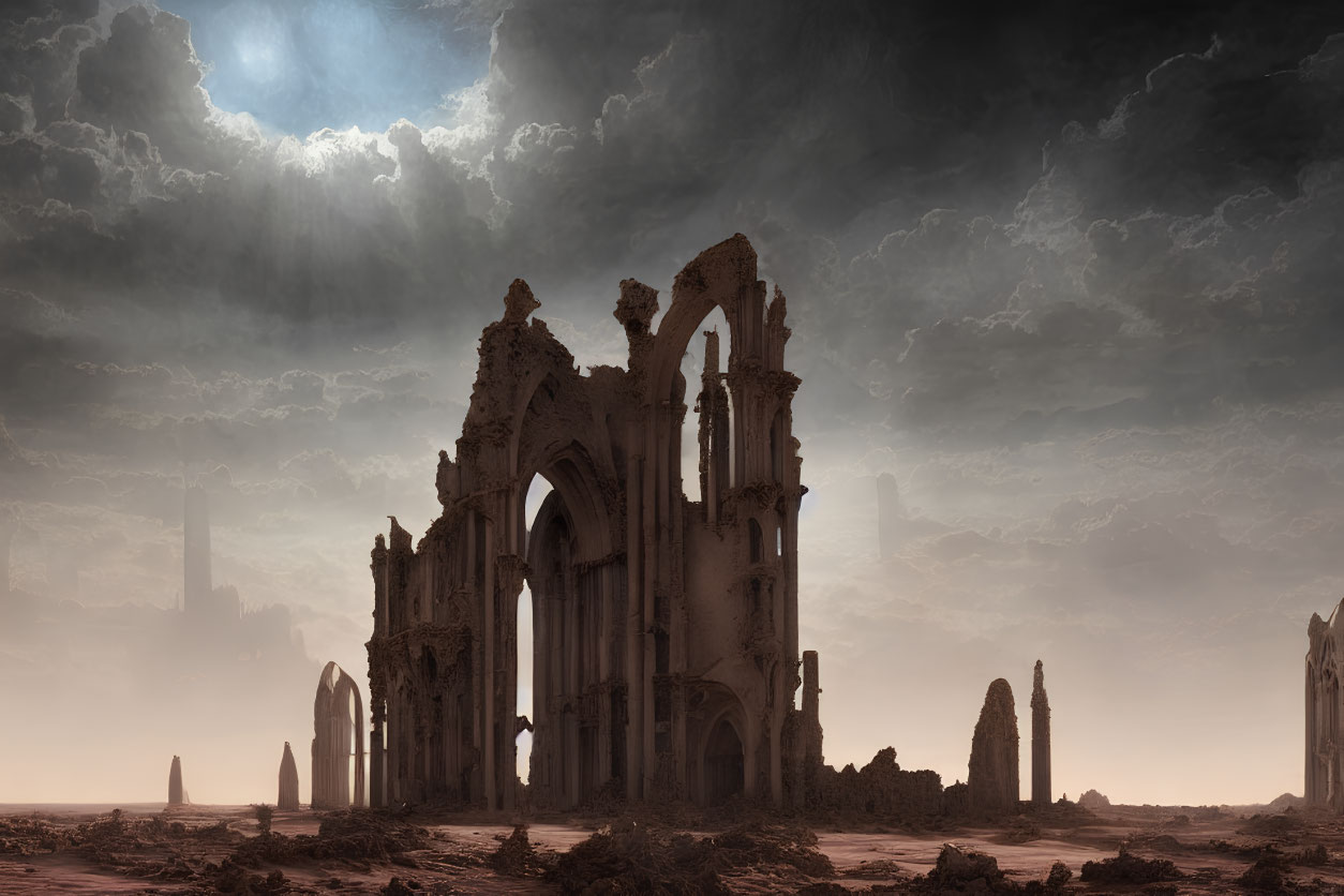 Gothic cathedral ruins under dramatic desert sky