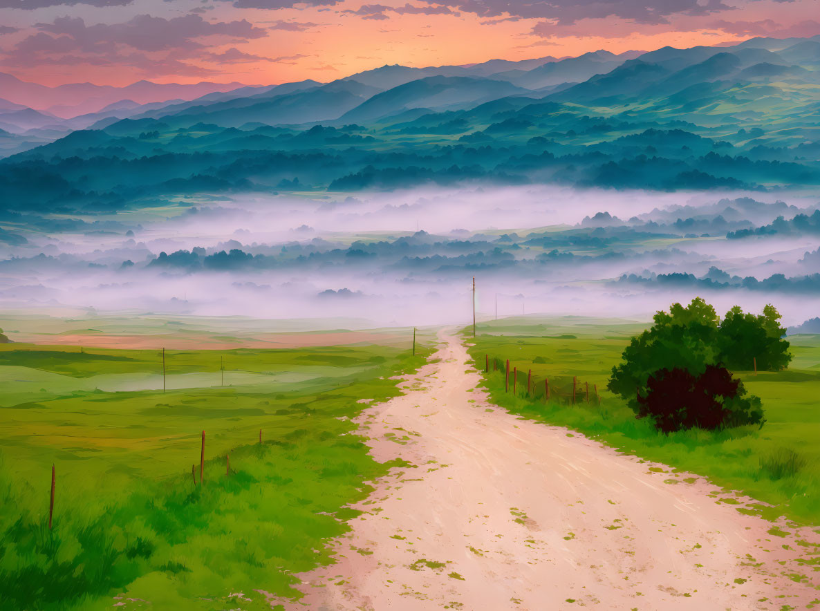 Misty valley landscape with dirt road and rolling hills at dawn