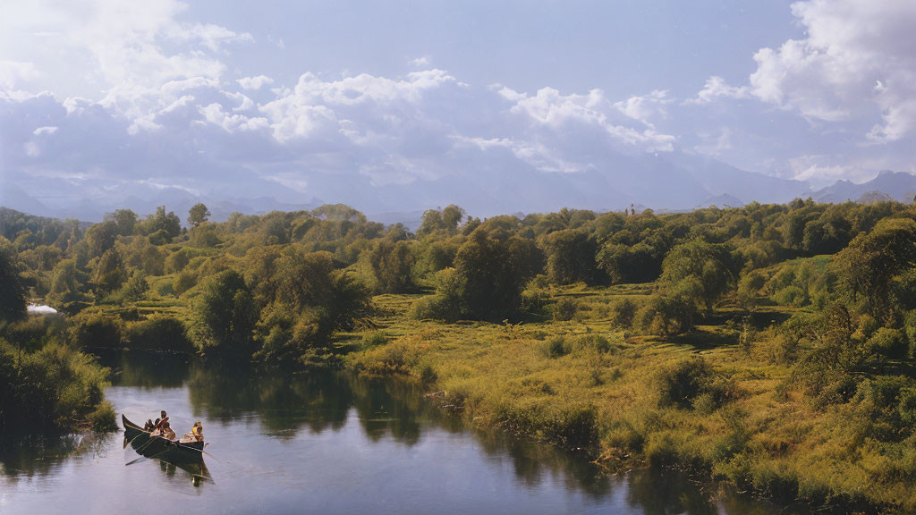 Tranquil river scene with rowing boat, greenery, sky, mountains