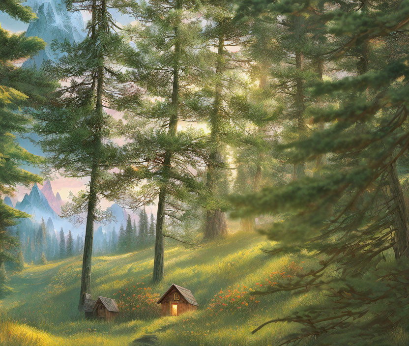 Tranquil sunrise forest with tall pine trees and wooden huts