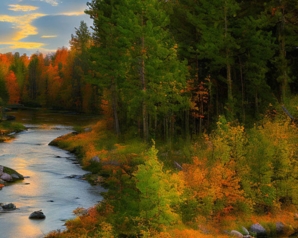 Tranquil autumn forest with river under setting sun