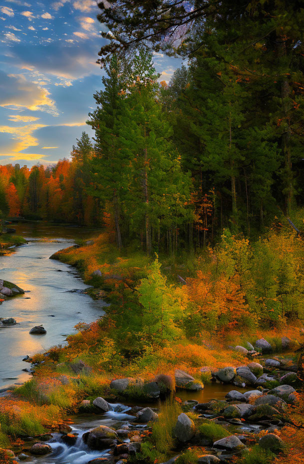 Tranquil autumn forest with river under setting sun