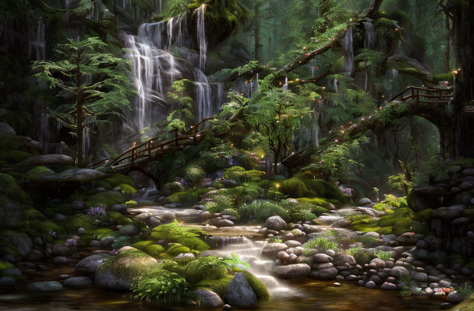 Lush greenery, cascading waterfall, wooden bridge in mystical forest